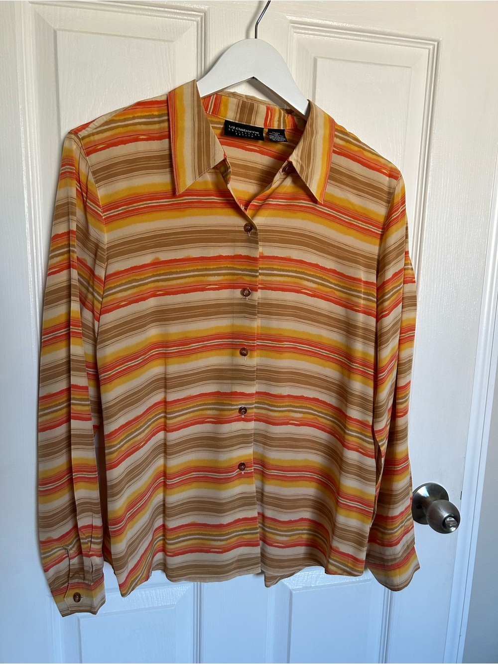 100% Silk Liz Claiborne Sunset Orange Yellow Striped Button-Down Shirt Size 12P